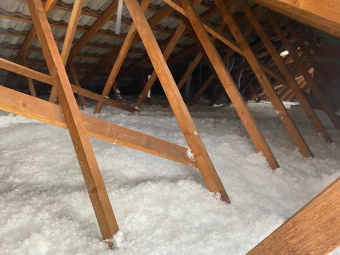 Couche d'isolant soufflé recouvrant le plancher de combles perdus jusqu'aux rives